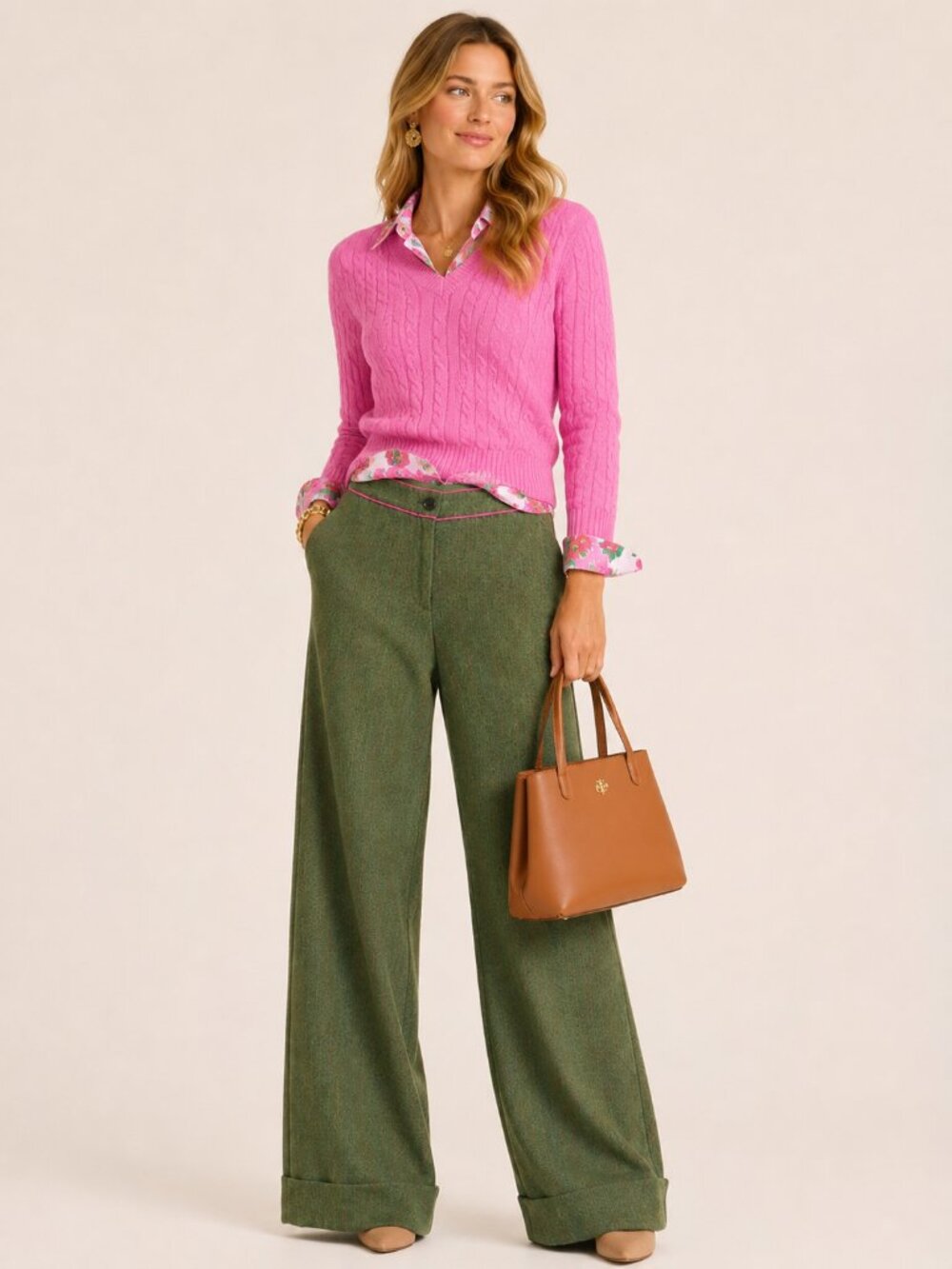 Lilly Pulitzer Wool Blend Wide Leg Pants Size 4 Olive Green Pink Trim High Rise